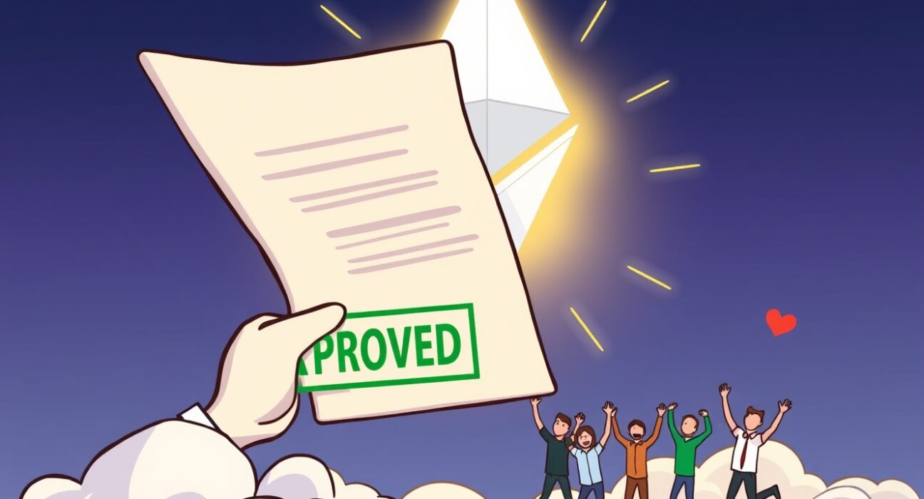 A cartoon illustration representing the historic SEC approval of a Grayscale Ethereum ETF, signaling a new era for crypto investments.