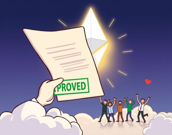 A cartoon illustration representing the historic SEC approval of a Grayscale Ethereum ETF, signaling a new era for crypto investments.