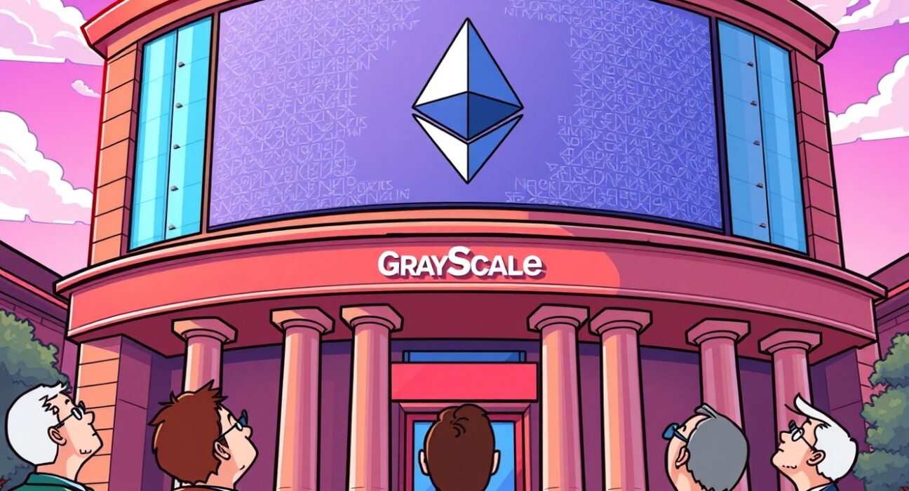 A cartoon illustration depicting the exciting regulatory progress for Grayscale Ethereum ETFs, showing market anticipation and a streamlined process.