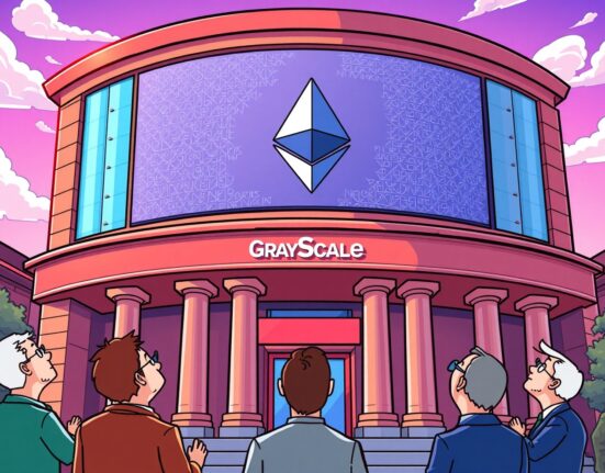 A cartoon illustration depicting the exciting regulatory progress for Grayscale Ethereum ETFs, showing market anticipation and a streamlined process.