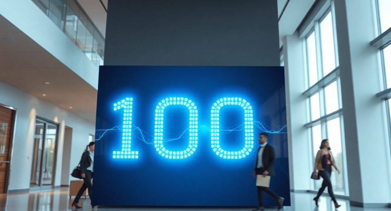 Modern corporate lobby with a glowing 100 symbol representing Fortune's Crypto 100 list