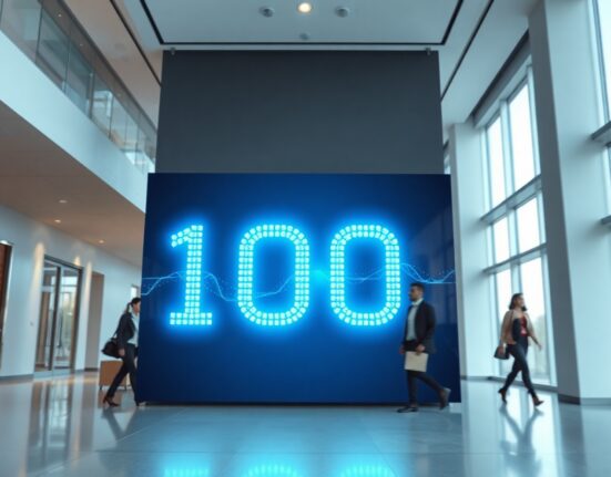 Modern corporate lobby with a glowing 100 symbol representing Fortune's Crypto 100 list
