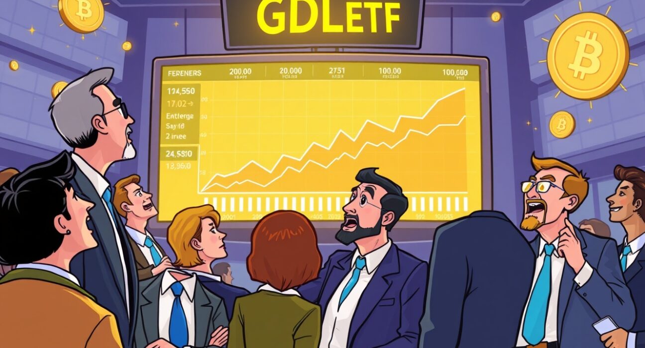 A chart showing significant trading volume for the Grayscale GDLC ETF on its debut, representing a new milestone in crypto investments.