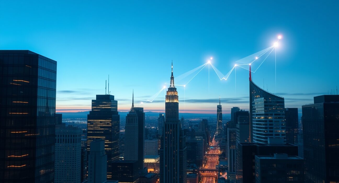 City skyline with digital blockchain network overlays representing institutional crypto investment