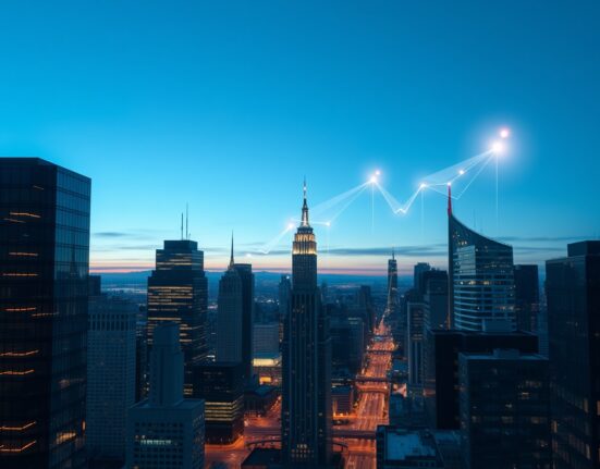 City skyline with digital blockchain network overlays representing institutional crypto investment