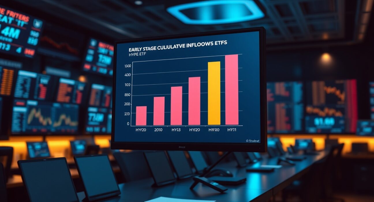Financial chart comparing early-stage inflows of HYPE, BTC, ETH, SOL, and XRP ETFs