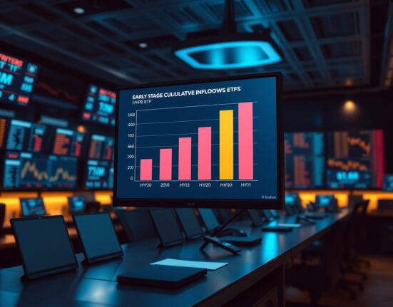 Financial chart comparing early-stage inflows of HYPE, BTC, ETH, SOL, and XRP ETFs