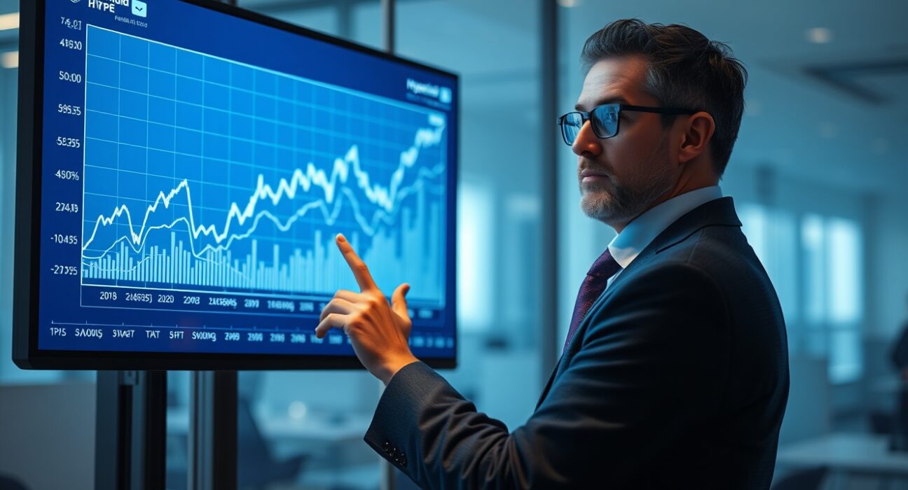 Financial analyst reviewing Hyperliquid HYPE token valuation chart on a digital screen in a modern office