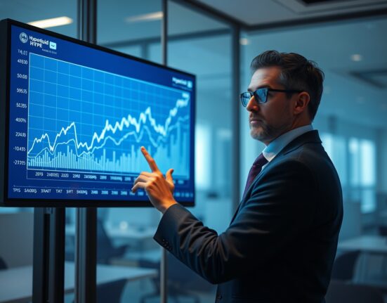 Financial analyst reviewing Hyperliquid HYPE token valuation chart on a digital screen in a modern office