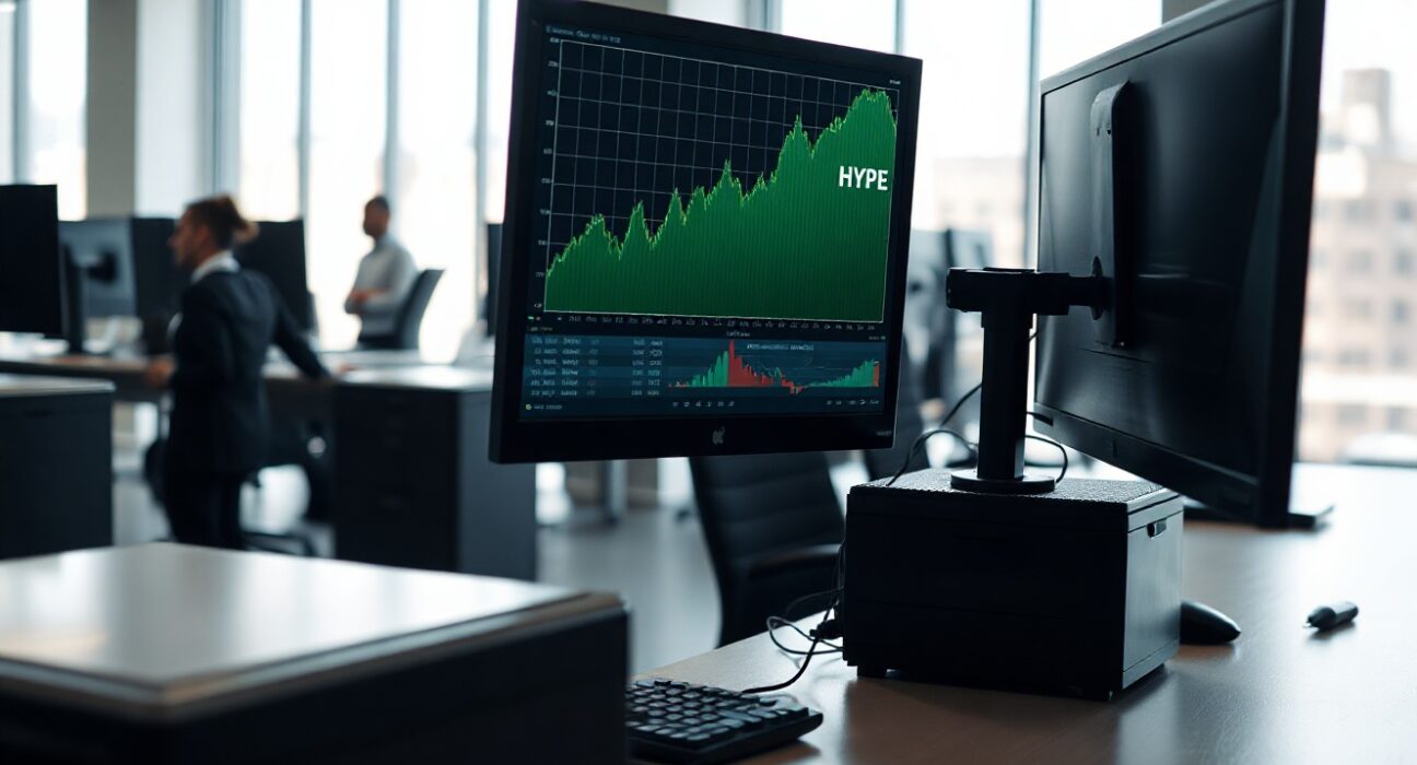 Financial trading desk with monitors showing HYPE chart and Grayscale logo