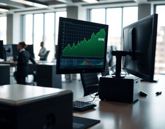 Financial trading desk with monitors showing HYPE chart and Grayscale logo