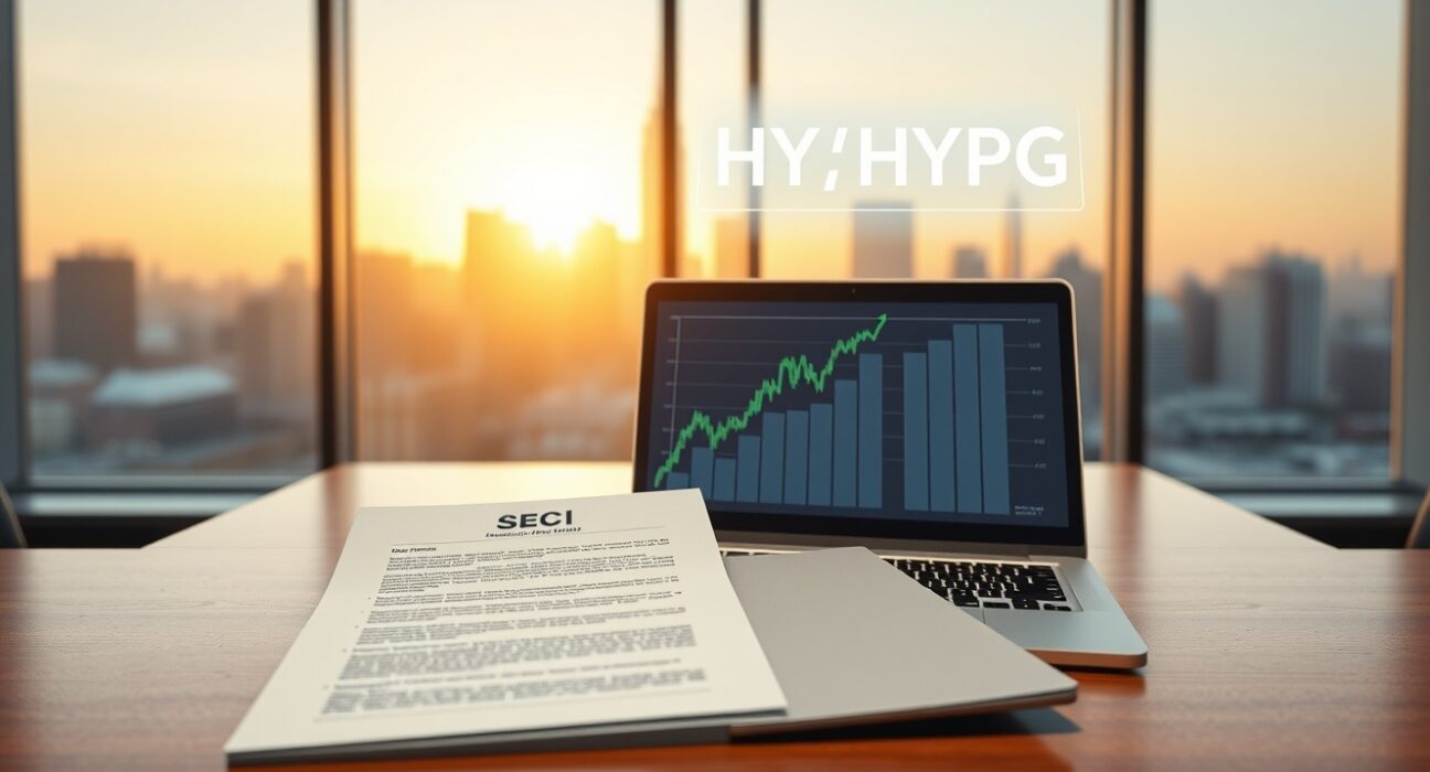 Financial documents and laptop on desk with HYPG hologram, representing Grayscale's Hyperliquid ETF filing.