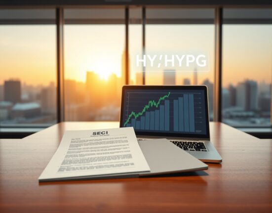 Financial documents and laptop on desk with HYPG hologram, representing Grayscale's Hyperliquid ETF filing.