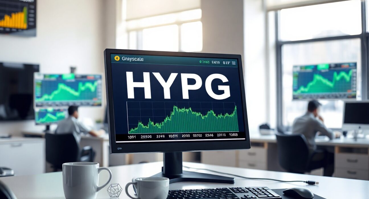 Professional trading desk showing Grayscale HYPG ETF on a stock exchange screen with financial charts