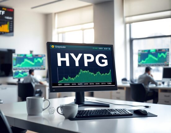Professional trading desk showing Grayscale HYPG ETF on a stock exchange screen with financial charts