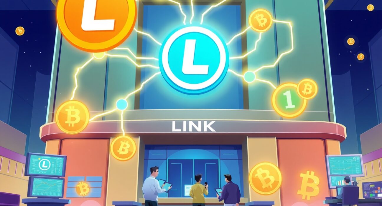 Grayscale LINK ETF trading on vibrant digital stock exchange with Chainlink cryptocurrency integration