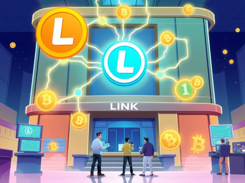 Grayscale LINK ETF trading on vibrant digital stock exchange with Chainlink cryptocurrency integration