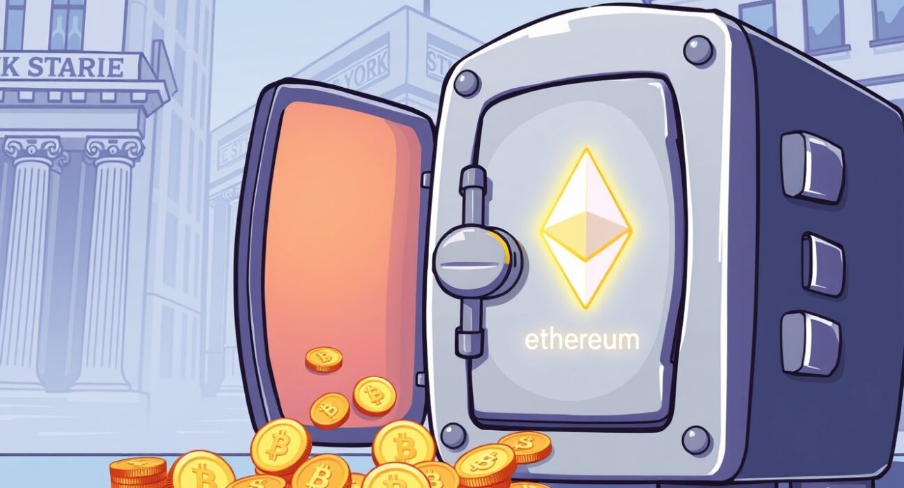 A vibrant cartoon of the Grayscale LINK Spot ETF as a vault receiving a flood of digital investment.