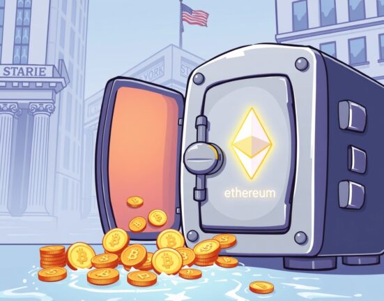 A vibrant cartoon of the Grayscale LINK Spot ETF as a vault receiving a flood of digital investment.