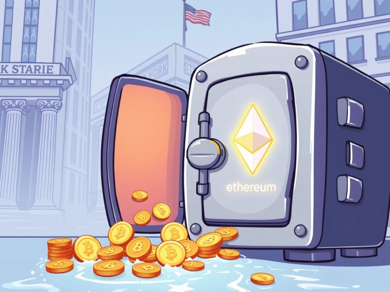 A vibrant cartoon of the Grayscale LINK Spot ETF as a vault receiving a flood of digital investment.