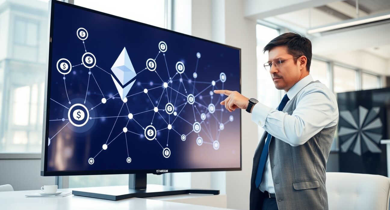 Analyst presenting Ethereum network and ETH issuance model on screen