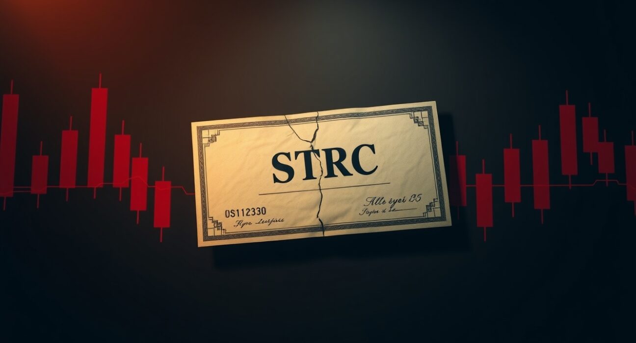 Grayscale warning about preferred stocks risk for Bitcoin exposure, featuring a cracked STRC certificate