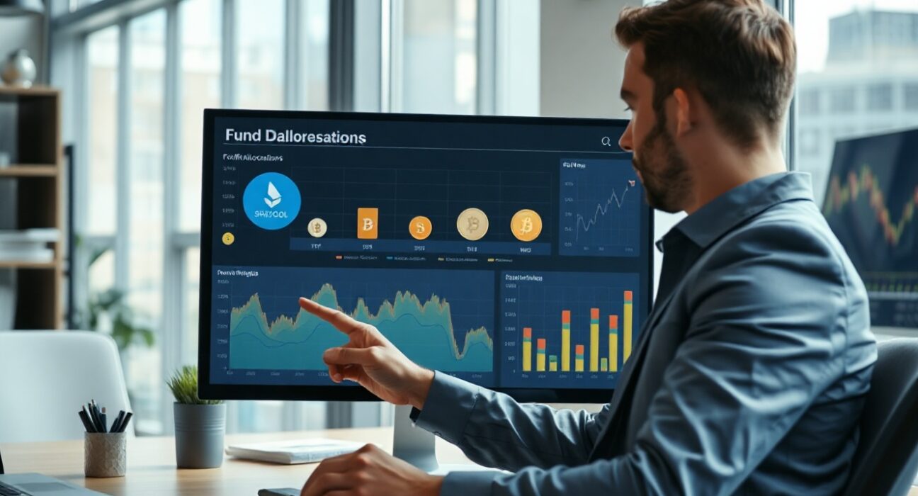 Financial analyst reviewing Grayscale fund allocations on a digital dashboard with cryptocurrency charts