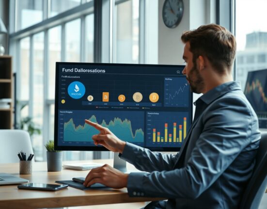 Financial analyst reviewing Grayscale fund allocations on a digital dashboard with cryptocurrency charts