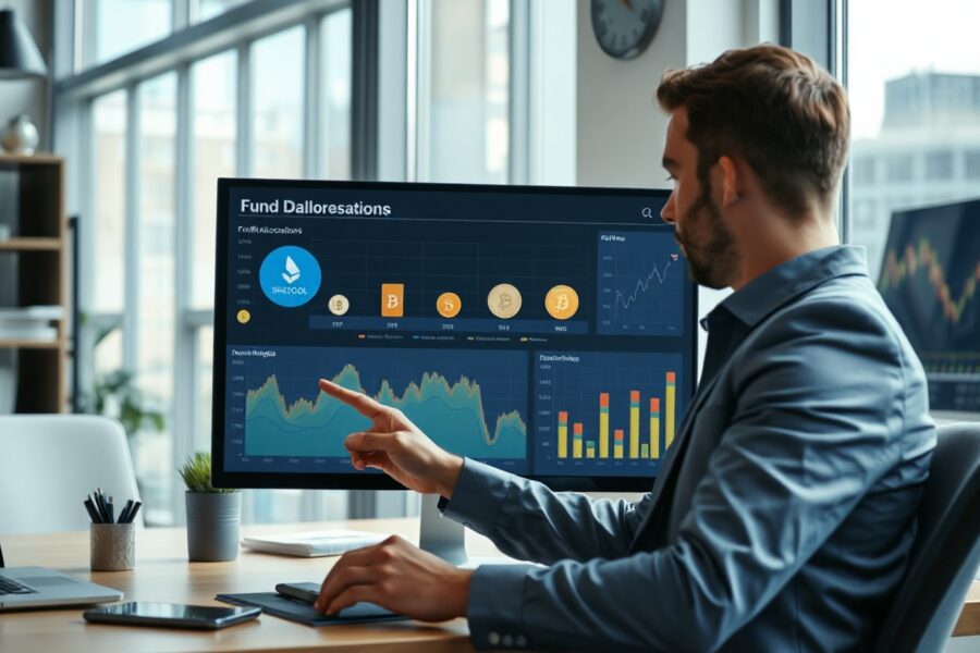 Financial analyst reviewing Grayscale fund allocations on a digital dashboard with cryptocurrency charts