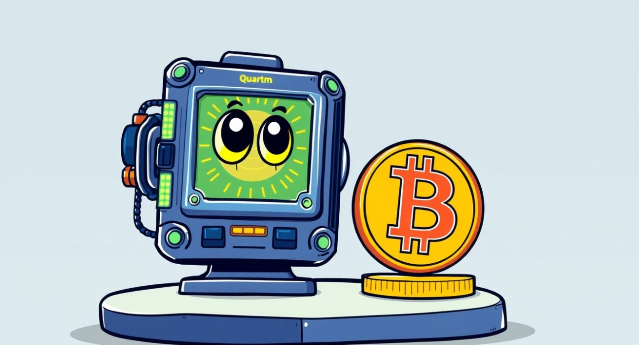 A cartoon illustration explaining why quantum computing fears are unlikely to impact Bitcoin security in the short term.