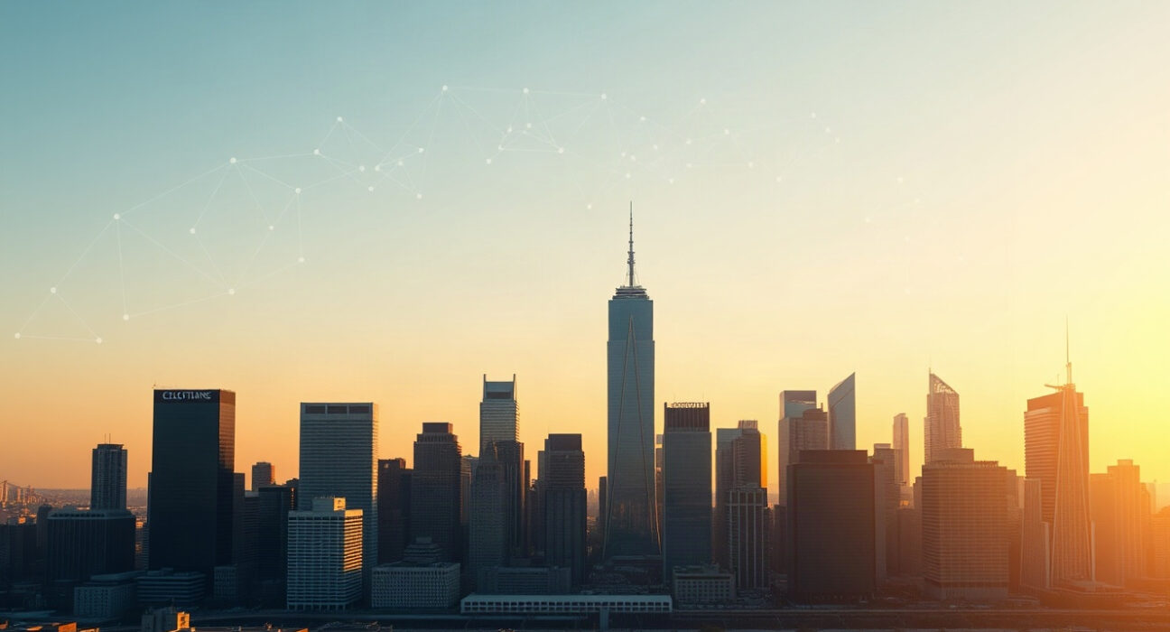 Financial district skyline with digital network overlays symbolizing crypto regulation impact