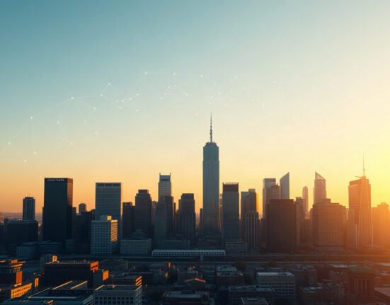 Financial district skyline with digital network overlays symbolizing crypto regulation impact