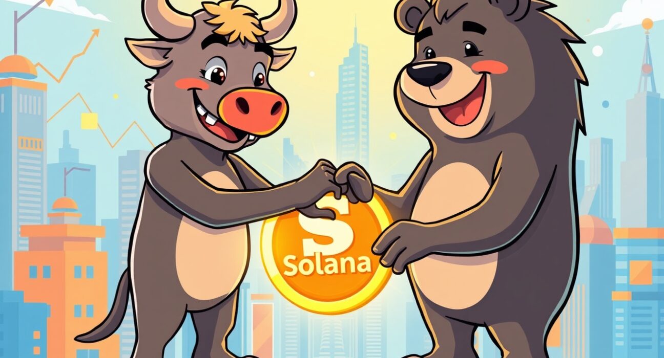 SOL ETF options trading illustrated as cartoon bull and bear collaborating over digital Solana token