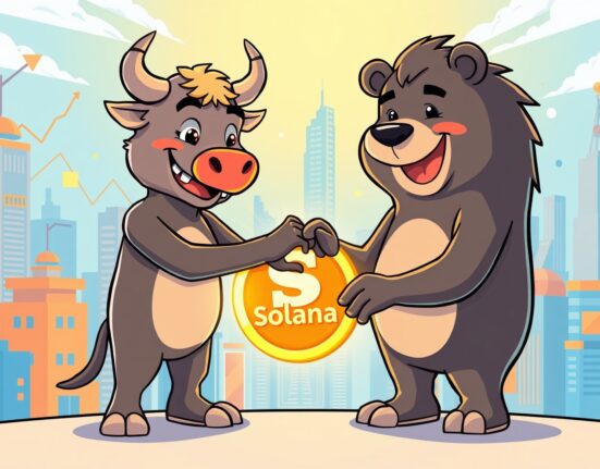 SOL ETF options trading illustrated as cartoon bull and bear collaborating over digital Solana token