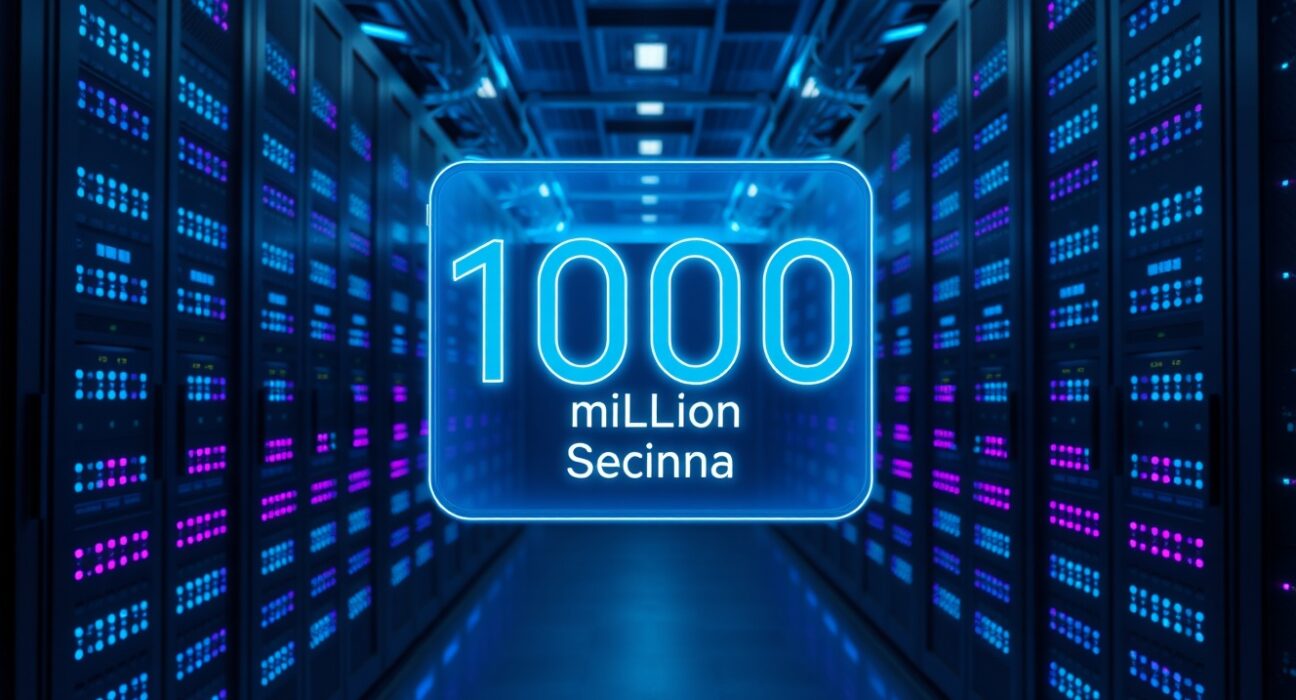 High-tech data center with servers and holographic display showing 100 million transactions, representing Solana blockchain network growth.