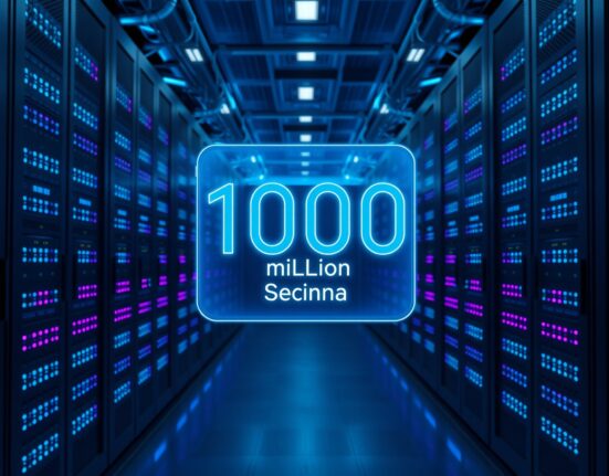 High-tech data center with servers and holographic display showing 100 million transactions, representing Solana blockchain network growth.