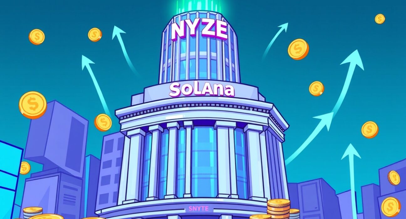 A cartoon illustration showing the excitement around Grayscale's new Solana staking ETF launching on the NYSE, symbolizing innovation in crypto investments.