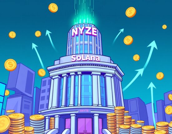 A cartoon illustration showing the excitement around Grayscale's new Solana staking ETF launching on the NYSE, symbolizing innovation in crypto investments.