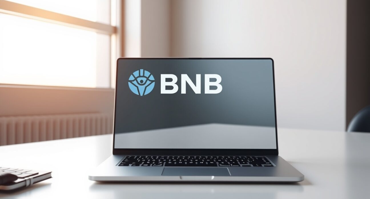 A laptop displaying a BNB logo on a desk with the SEC building visible in the background, representing the Grayscale BNB ETF filing.