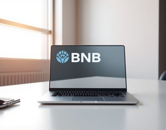 A laptop displaying a BNB logo on a desk with the SEC building visible in the background, representing the Grayscale BNB ETF filing.