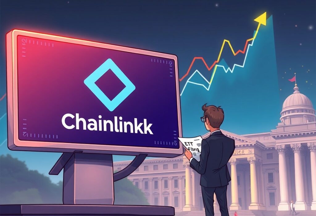 A cartoon illustration showing the significance of Grayscale's filing for a spot Chainlink ETF, blending crypto and traditional finance.