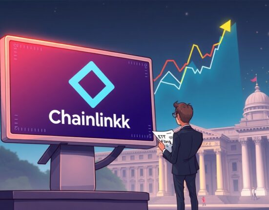 A cartoon illustration showing the significance of Grayscale's filing for a spot Chainlink ETF, blending crypto and traditional finance.