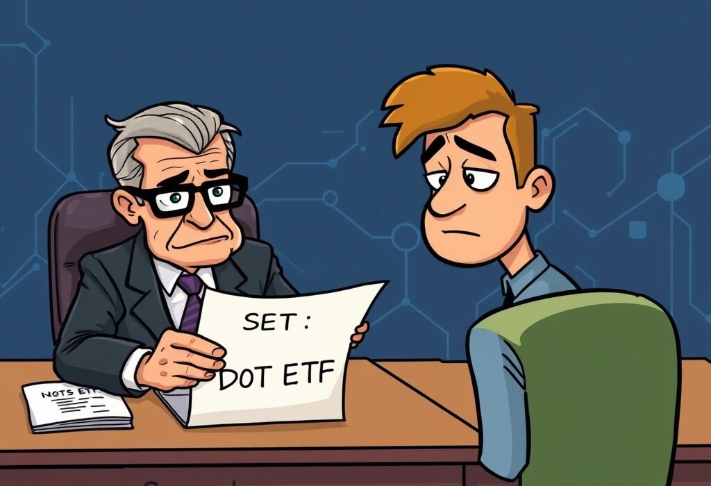 SEC official reviewing documents related to Grayscale's spot DOT ETF, symbolizing regulatory scrutiny and anticipation in the crypto market.