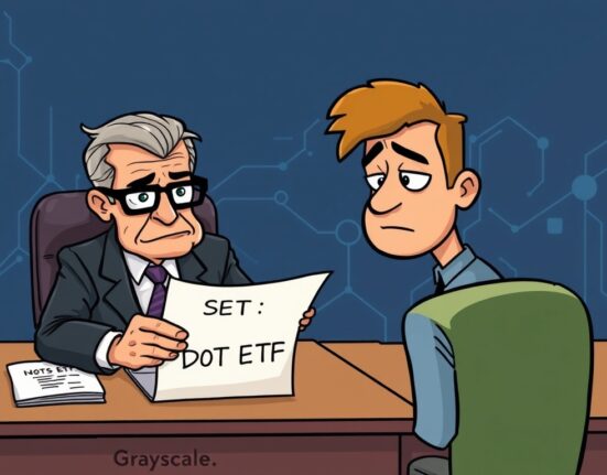 SEC official reviewing documents related to Grayscale's spot DOT ETF, symbolizing regulatory scrutiny and anticipation in the crypto market.