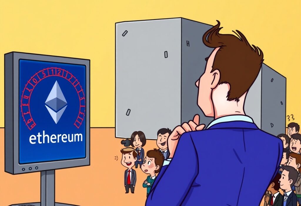 A cartoon illustration showing the SEC reviewing the Grayscale spot ETH ETF proposal, highlighting the extended decision process and investor anticipation.