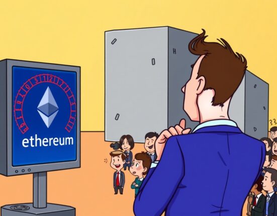 A cartoon illustration showing the SEC reviewing the Grayscale spot ETH ETF proposal, highlighting the extended decision process and investor anticipation.
