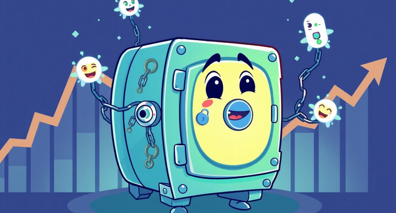 A vibrant cartoon illustration symbolizing the historic launch of the first spot LINK ETF by Grayscale.