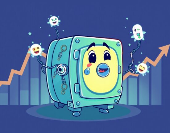 A vibrant cartoon illustration symbolizing the historic launch of the first spot LINK ETF by Grayscale.