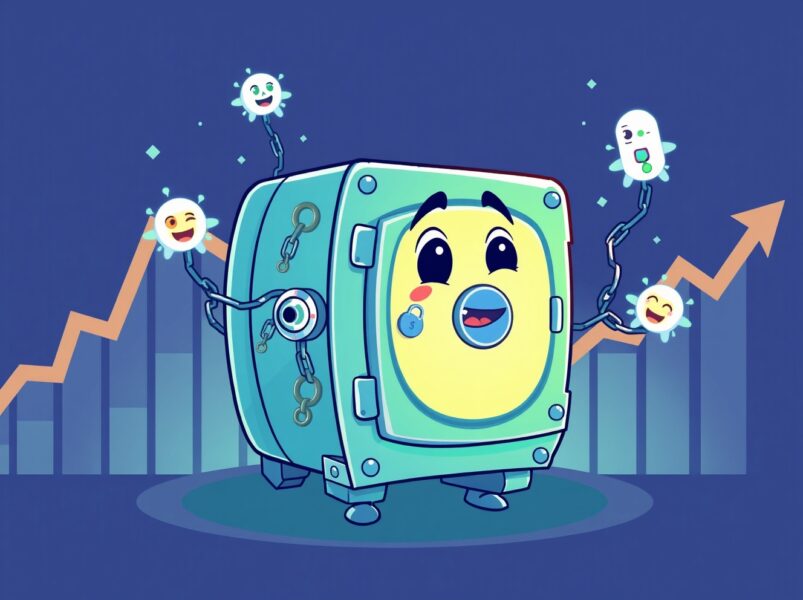 A vibrant cartoon illustration symbolizing the historic launch of the first spot LINK ETF by Grayscale.