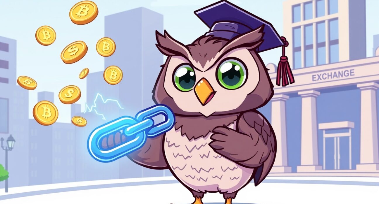 A vibrant cartoon owl symbolizing wisdom and innovation launching the first spot LINK ETF onto a digital stock exchange.